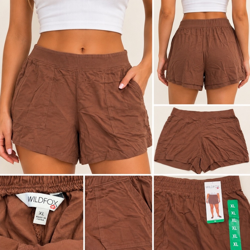 Wildfox Womens Brown Elastic Back Relaxed Fit Patch Pocket Casual Shorts XL NWT